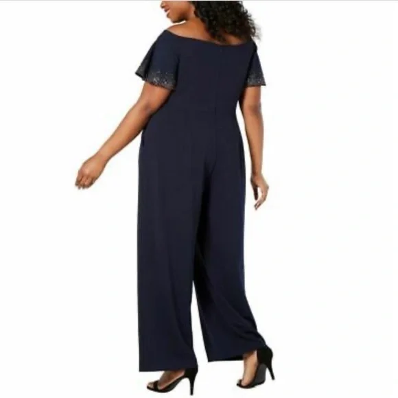 379. NWT Calvin Klein Womens Navy Short Sleeve Wide Leg Evening Jumpsuit 22W - Picture 2 of 4